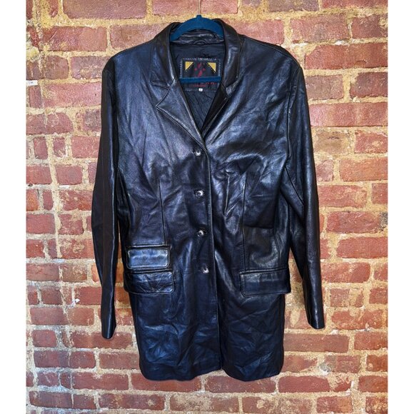 Vintage Sleek Black Leather Peacoat - Picture 1 of 2